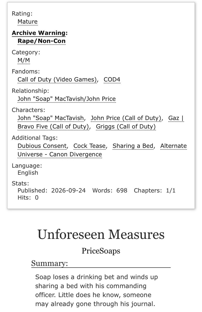 pricesoaps's tweet photo. #pricesoapweek #pricesoap #soapprice #dubcon #deaddove
🚬 🧼
A short drabble for PriceSoap Week 2026, NSFW Day 1: One Bed, featuring the 07 duo from OG COD4/MWR.
Check out AO3 link below! https://t.co/PE334kyVOo
