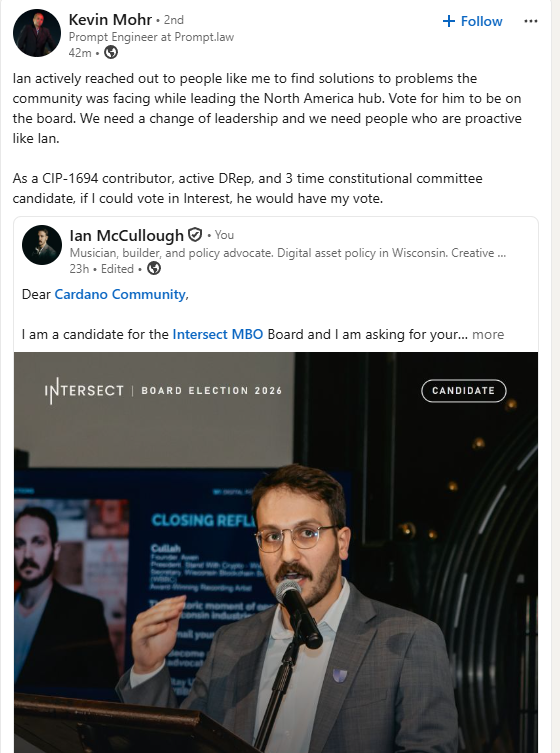 CullahMusic's tweet photo. People-focused. Relationship-driven.

That is the way to real world adoption for @Cardano.

Thank you to Kevin for your ringing endorsement for @IntersectMBO Board of Directors.

I am humbled by the opportunity and emboldened by your support. https://t.co/VpZiylVz92