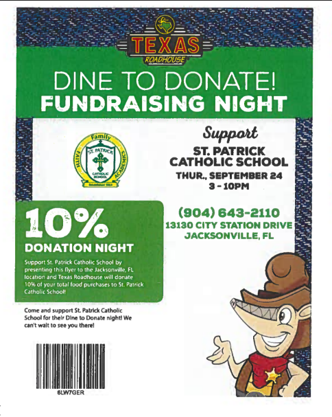 StPatrickJax's tweet photo. SPCS Spirit Night tonight at Texas Roadhouse (13130 City Station Drive, Jacksonville). Bring this coupon and the school will receive 10% of your total food order. Great food and helping our school--a perfect combo! https://t.co/mHe0L9kXcK