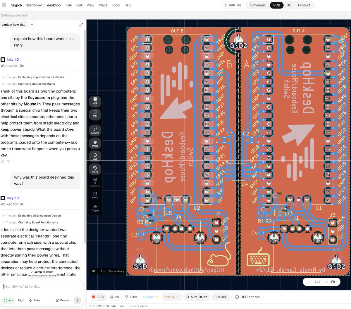 justinplaygame's tweet photo. The best hardware tutorial is a board that already works.

Not another 45 minute YouTube video.

1. Open a real schematic + PCB
2. Ask AI how it works and why it was designed that way
3. Fork it, change it, and learn by building your own version

That’s what we want Circuit World to become: a place where you can open real hardware in a browser, explore the EDA + MCAD, and learn from the design itself.

https://t.co/Jy4IDQhZ4L