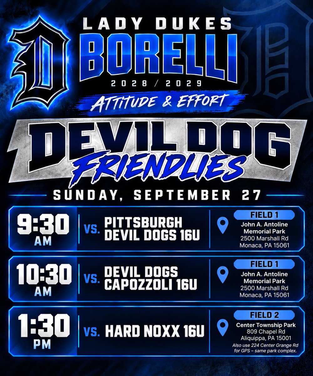 LDBorelli's tweet photo. 🥎 Weekend Schedule Drop 🥎

We’re looking forward to getting together with some great teams this Sunday for a day of softball! 💙🖤

These friendlies are all about getting work in, seeing quality competition, and getting some great reps as we continue to grow and prepare for the rest of our fall season.

If you’re in the area, feel free to stop out and catch the Dukes in action! 🥎🔥

ATTITUDE & EFFORT.
That’s what we bring every time we step on the field. 💙🖤

#LadyDukesBorelli #AttitudeAndEffort #LadyDukesSoftball
