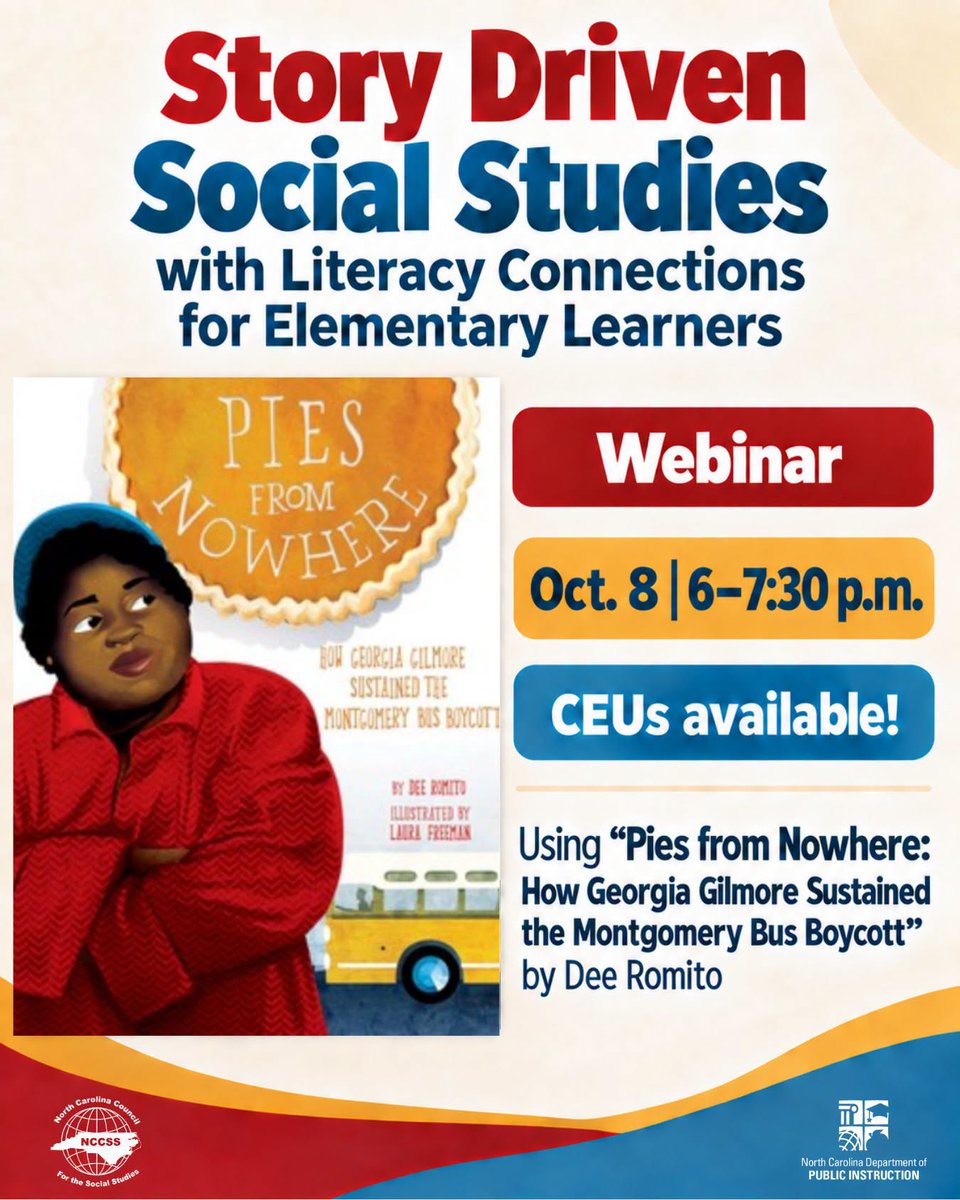 NCCSS's tweet photo. Bring the power of storytelling to your social studies classroom! Story-Driven Social Studies with Literacy Connections for Elementary Learners,” Oct. 8 from 6-7:30 p.m.  Registration Link
Registration Link
https://t.co/VYzYX3r8RJ

#NCCSS #NCCSS365 #NorthCarolina #NCSS #Education https://t.co/TvaQdTeXNj