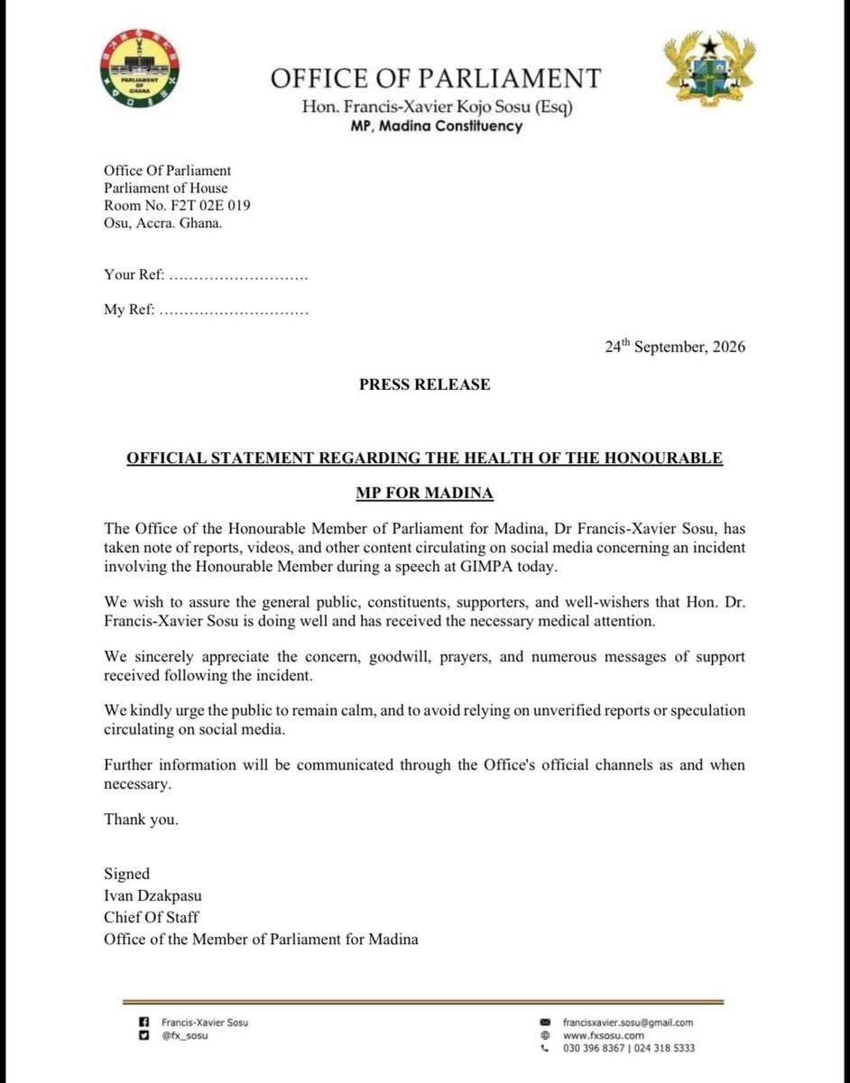 prime_rakon's tweet photo. OFFICIAL STATEMENT REGARDING THE HEALTH OF THE HONOURABLE XAVIER SOSU MP FOR MADINA https://t.co/ji83lQB3o4