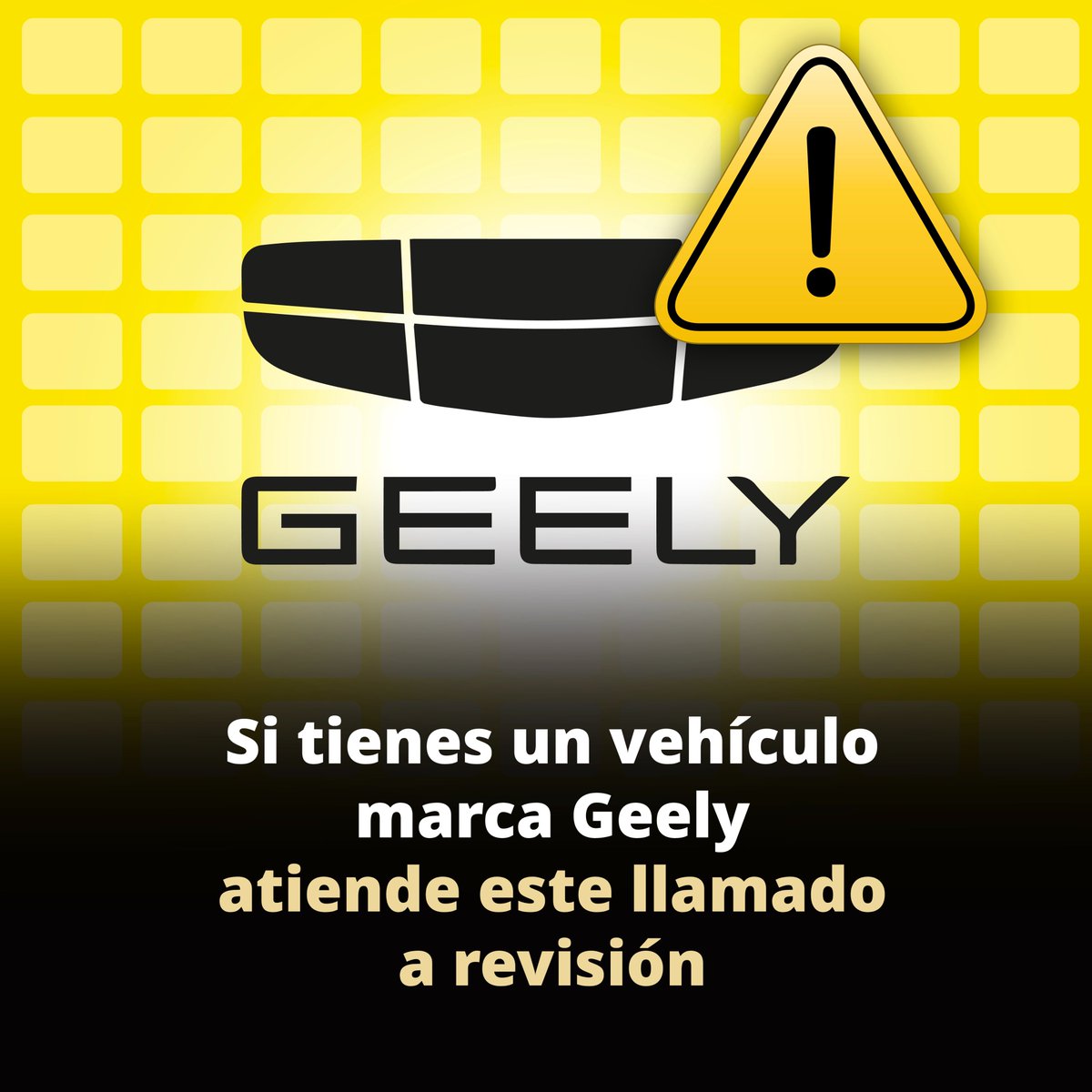Profeco's tweet photo. Atención, propietarios de vehículos Geely.

La Profeco comparte el llamado a revisión de 6 mil 039 vehículos Emgrand SS11-A1, modelos 2024, 2025 y 2026, debido a una posible ventilación insuficiente del depósito de combustible que podría generar una fuga.

La reparación será gratuita e incluye el reemplazo del tapón de llenado de combustible y otros componentes. En caso de detectar deformación o fuga, también se realizarán los cambios necesarios.

Más información: https://t.co/zmo7szViDl