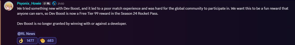 KCYKE1's tweet photo. Rocket League has taken action; in response to community feedback, they have decided to include the "Dev Boost" for everyone in the Free Battle Pass (Tier 99).
@RLEsports @RocketLeague @PsyonixStudios https://t.co/w39XEylyk1