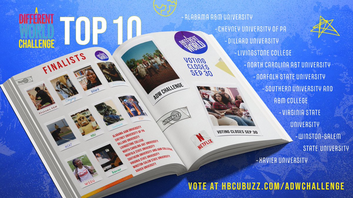 HBCUBuzz's tweet photo. The Top 10 are here! 🎬✨ Ten HBCU teams reimagined the A Different World opening. Now it’s your turn to choose a winner!

🗳️ Watch the finalists and vote by September 30: https://t.co/PmzoXhURtQ

#ADifferentWorldChallenge #HBCUBuzz @netflix https://t.co/8UWJvLlRZJ