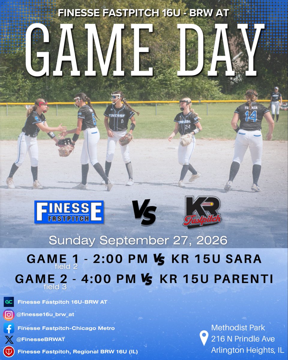 FinesseBRWAT's tweet photo. With homecomings taking over the next couple of weekends, we are fitting in a little Sunday softball! 🥎

Friendly DH vs. KR Fastpitch 
this Sunday 9/27 @ 2pm and 4pm
📍Methodist Park
  216 N Prindle Ave
  Arlington Heights, IL 

#finessefastpitch #sundayfunday #we>me https://t.co/paEceideKj