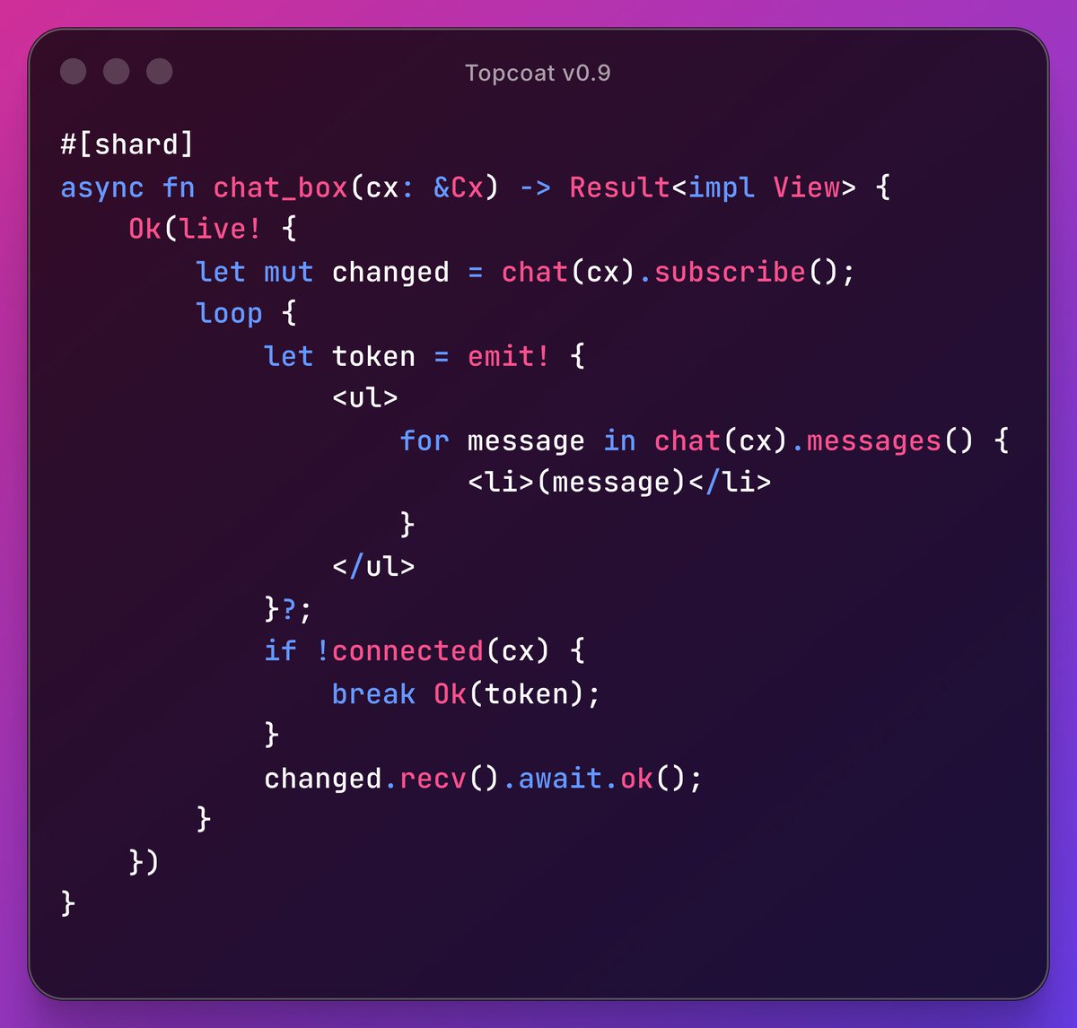 julienscholzdev's tweet photo. Topcoat v0.9, the batteries-included, full-stack Rust web framework, lets you push live updates from Rust straight to the browser with the live! view macro. Try it out now! https://t.co/X0gc1FyE3a