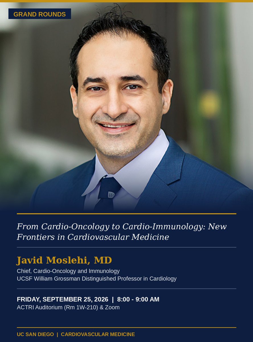 UCSDCardiology's tweet photo. Cardiovascular Medicine Grand Rounds - Friday, September 25

@UCSDCardFellows @UCSDHealthSci @CardioOncology @UCSFCardiology https://t.co/udXexgCvDf