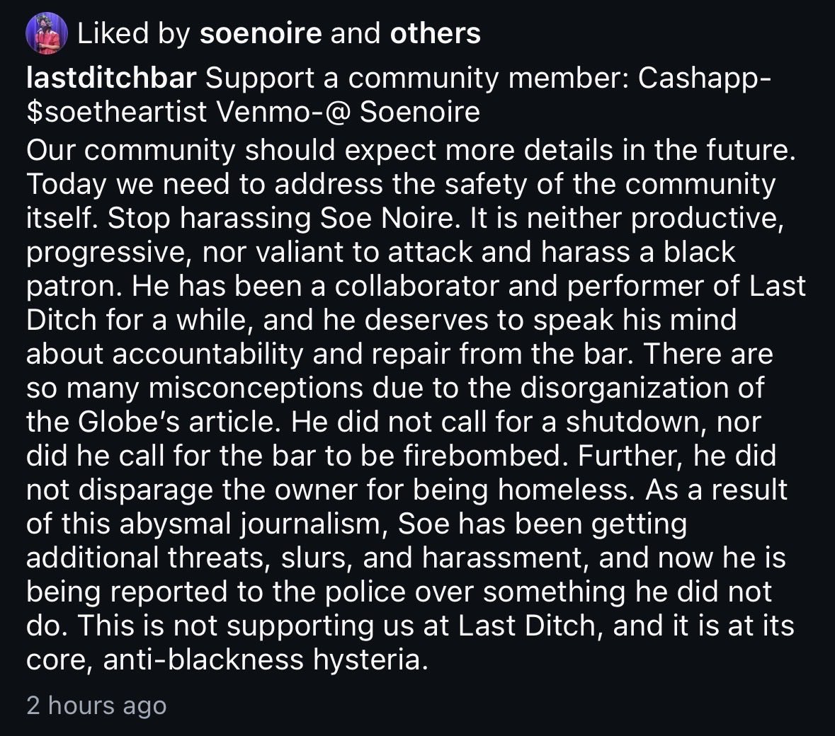 alexbronzini's tweet photo. 🚨 LESBIAN BAR UPDATE: Last Ditch is now instructing its Instagram followers to send money to Soe Noire https://t.co/LxXIJRhzPq
