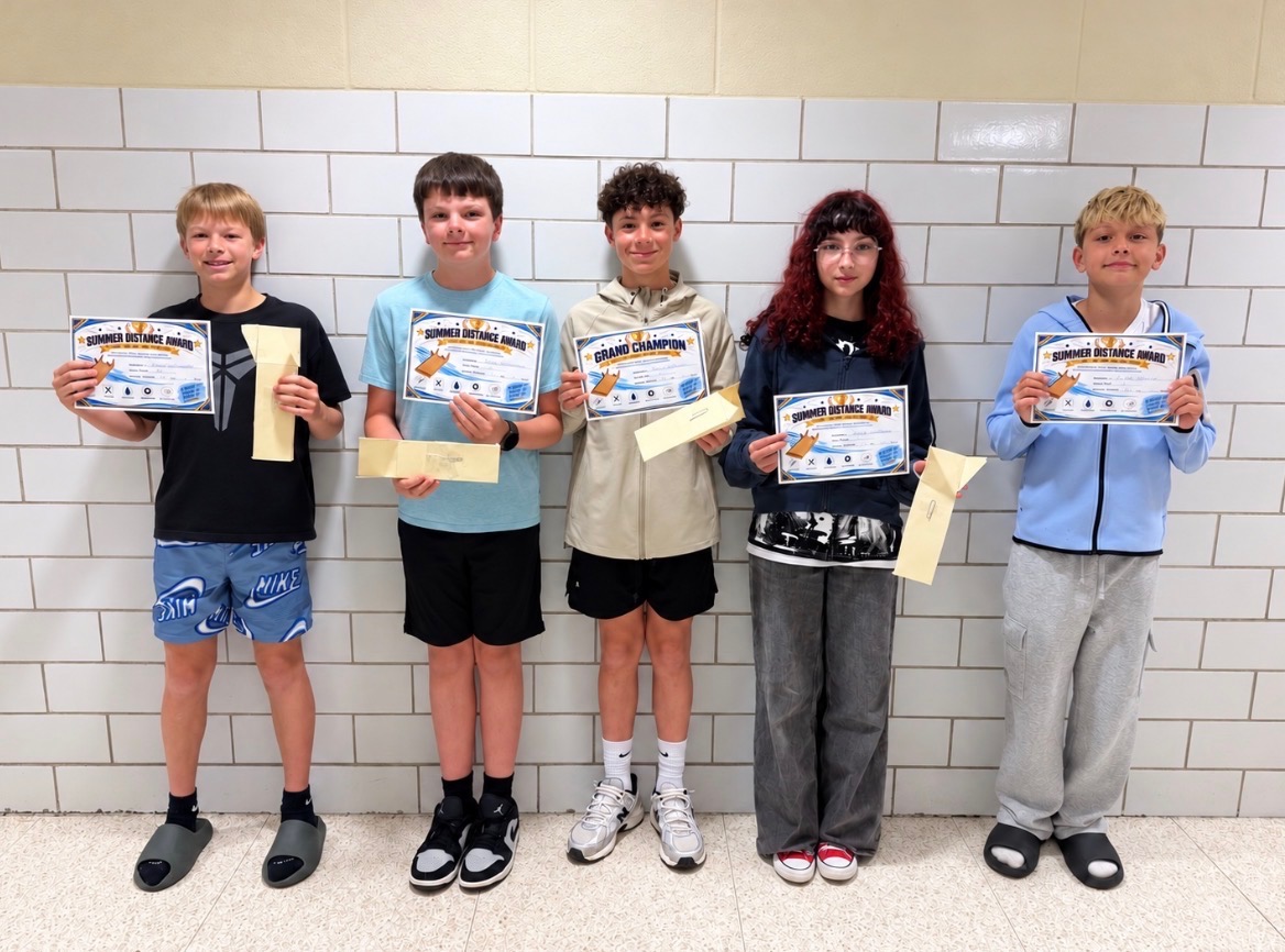 cteclickingco's tweet photo. Pre Engineering students in our Heath Middle School satellite class participated in a Skimmer Challenge. Here are the distance winners:  Kason Kaminsky, Jaxen Edwards, Bodie Leibas, Olivia Bowman, and Bryden Stuller.
Bodie was the grand champion with a distance of 94 feet! https://t.co/aU1wJf2mhA