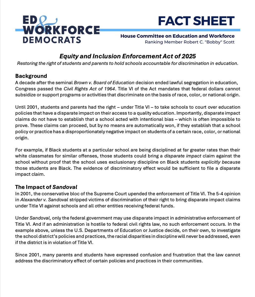 EdWorkforceDems's tweet photo. The Equity and Inclusion Enforcement Act will restore the private right of action for students and parents to hold schools accountable for practices and policies that have a disparate impact and deny students access to a quality education based on race, color, or national origin. https://t.co/f1UI5jxBSr