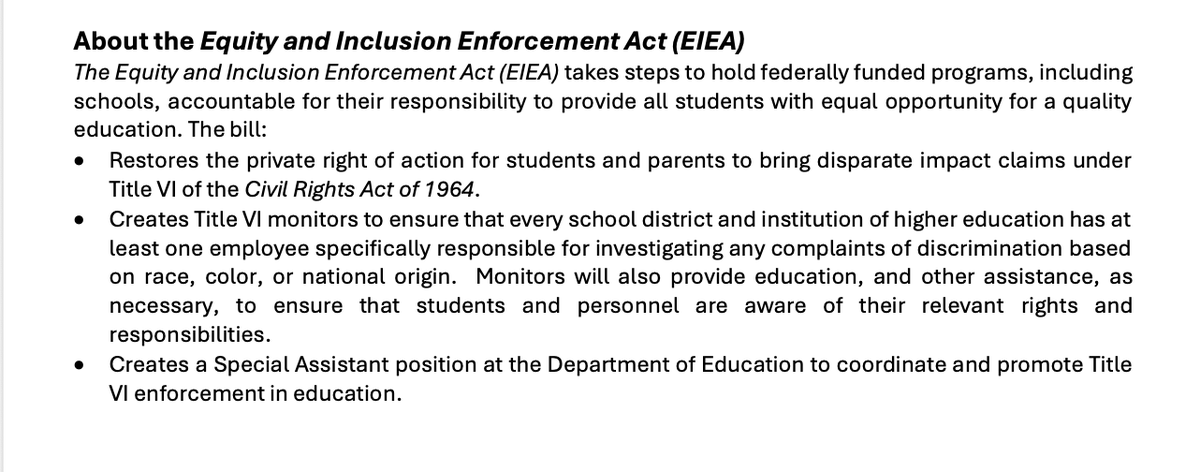 EdWorkforceDems's tweet photo. The Equity and Inclusion Enforcement Act will restore the private right of action for students and parents to hold schools accountable for practices and policies that have a disparate impact and deny students access to a quality education based on race, color, or national origin. https://t.co/f1UI5jxBSr