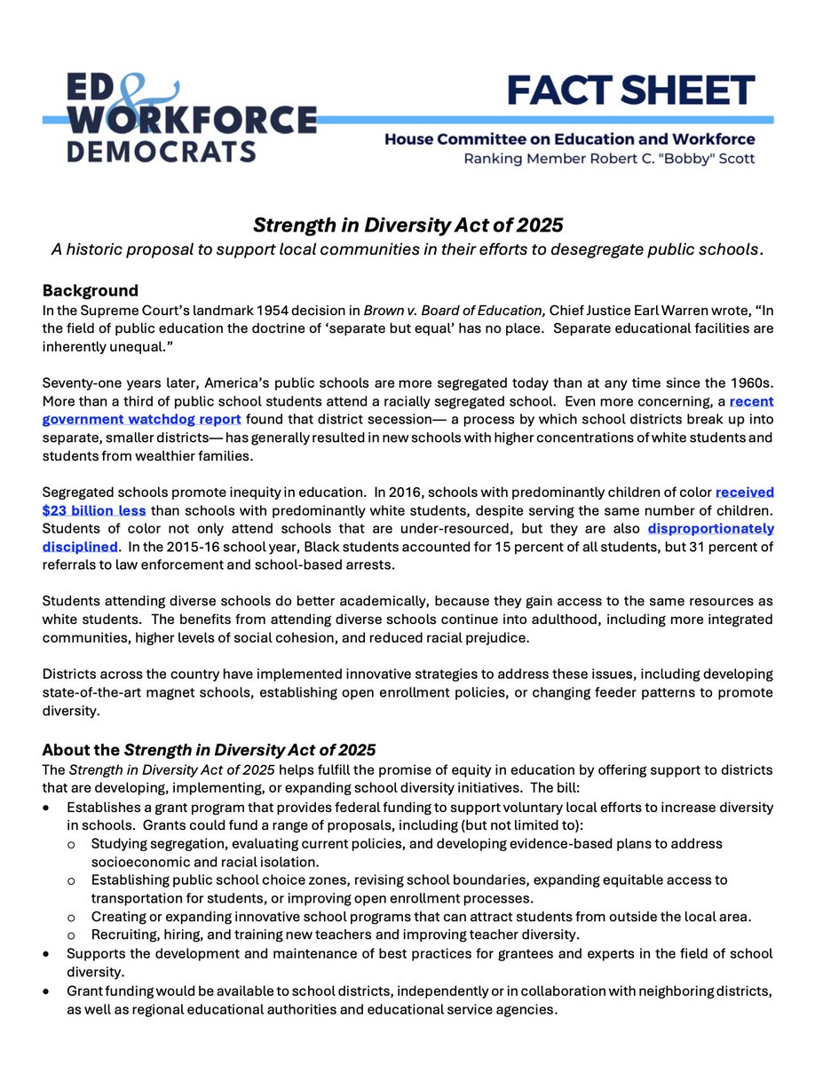 EdWorkforceDems's tweet photo. Ranking Member @BobbyScott has introduced two bills to finally fulfill the promise of Brown v. Board of Education.

The Strength in Diversity Act establishes a federal grant program to support voluntary, local efforts to increase diversity in schools. https://t.co/C0LkQHCgf1