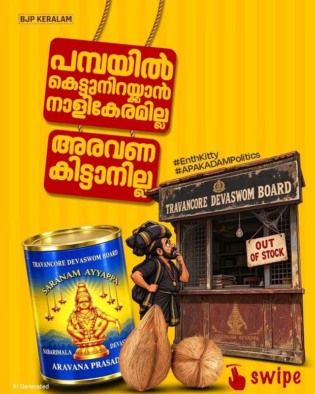 MTRameshbjp's tweet photo. തീർത്ഥാടനം തുടങ്ങാൻ ദിവസങ്ങൾ മാത്രം ബാക്കി നിൽക്കേ മുന്നൊരുക്കങ്ങളൊന്നും കാര്യക്ഷമമല്ല.
അരവണയില്ല, പമ്പയിൽ കെട്ടു നിറയ്ക്കാൻ നാളികേരമില്ല.
അമിത യാത്രാക്കൂലിക്ക് പുറമേ സ്ഥലത്തെ റോഡ് പണിയും പൂർത്തീകരിക്കാനായിട്ടില്ല.
#EnthKitty
#RandallaOnnanu
#APAKADAMPolitics https://t.co/8z39EYflqF