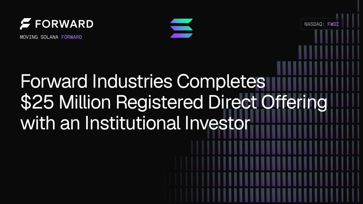 FWDind's tweet photo. Forward's previously announced $25M Registered Direct Offering was completed today.

“Forward is growing rapidly, and we are strengthening our financial position as we scale. We secured substantial institutional capital in a single transaction on terms we believe are favorable, without adding ongoing balance sheet obligations. This financing positions us to expand our SOL treasury and increase SOL per share..." - @RyanNavi, Forward CIO