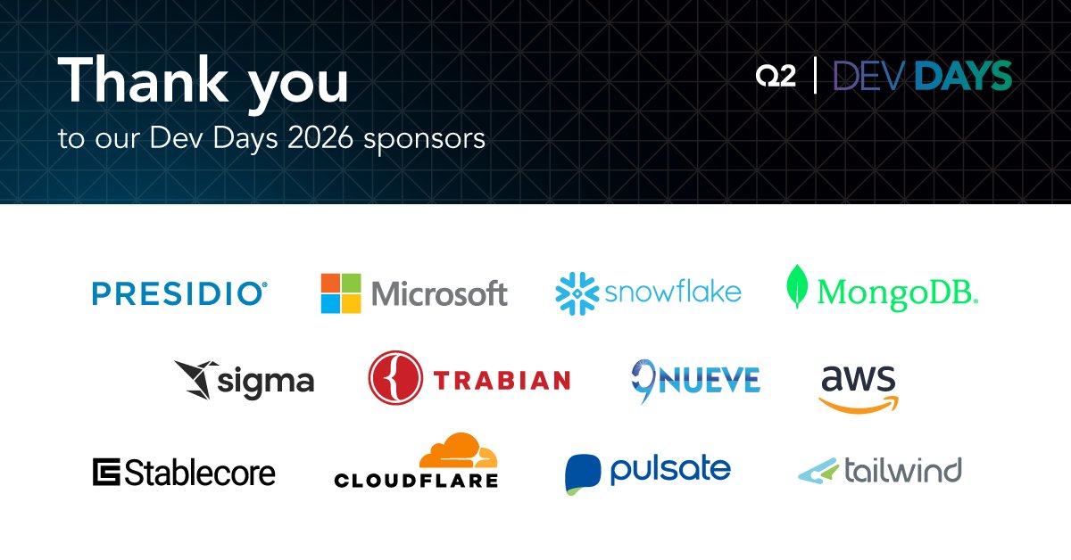Q2_Software's tweet photo. Introducing the #Q2DevDays sponsors! π
A huge thank you to our sponsors who are fueling the ideas, conversations, and connections that will make #DevDays26 unforgettable!
We can't wait to see you there!
β‘οΈ Learn more about Dev Days: https://t.co/UFwEPgNEDw https://t.co/1Uj9JJRlne