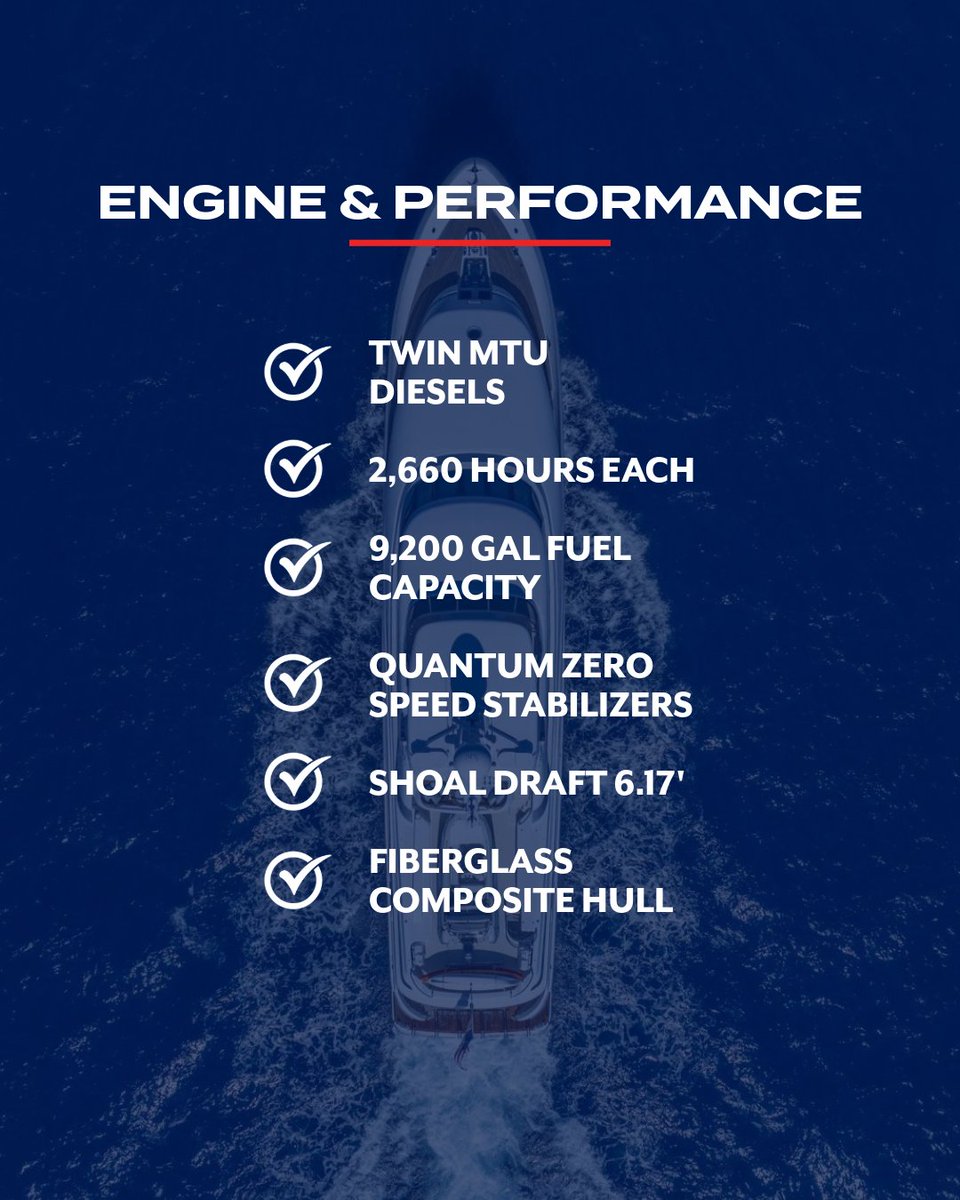 LukeBrownYachts's tweet photo. Twin MTU diesels, 2,660 hours each. Quantum zero-speed stabilizers. A fiberglass composite hull, refit at Delta Marine 2022 to 2023. $6,250,000. ️
Listing Broker: Andrew Cilla | andrew@lukebrown.com | 954-224-3933
#DeltaMarine #RUFFIAN #YachtsForSale #Superyacht https://t.co/uLN37J6Ggj