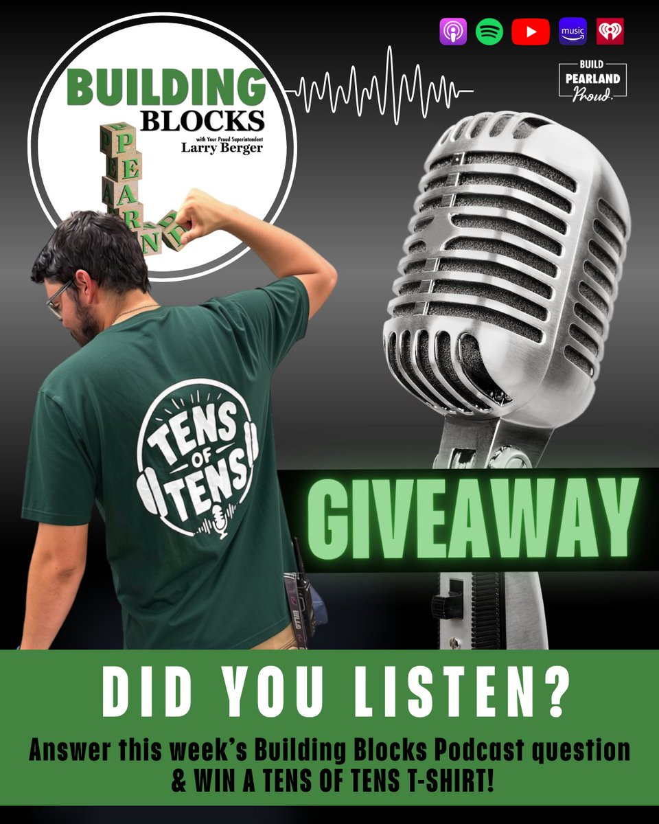 PearlandISD's tweet photo. 🎙️Did you listen to this week's Building Blocks Podcast? Which NFL team is Mrs. Byrne’s daughter a fan of? Email your answer: mcclellanl@pearlandisd.org. The first correct answer wins a Tens of Tens T-shirt! #BuildPearlandProud https://t.co/jsCrroDoue