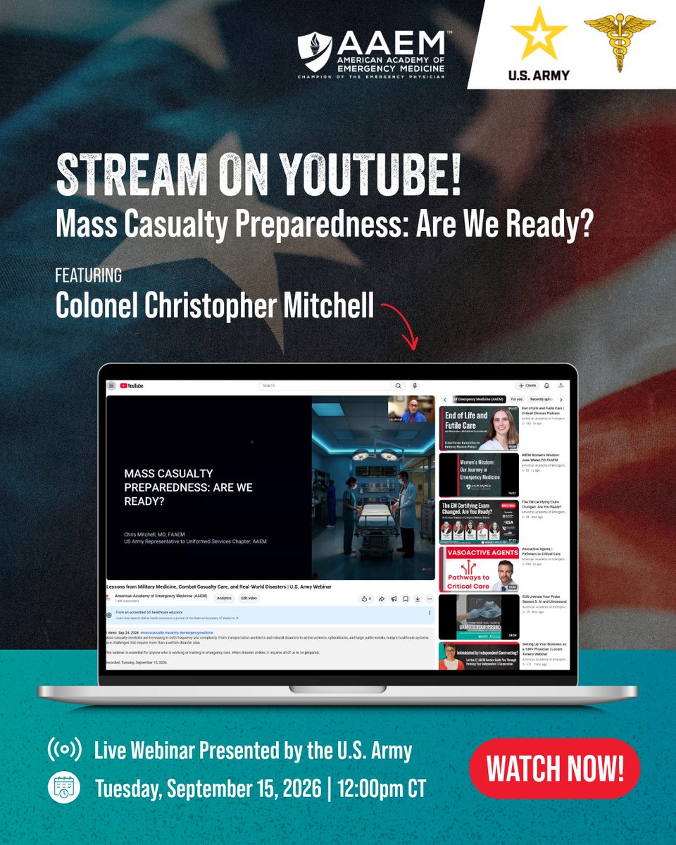 aaeminfo's tweet photo. Are we truly ready for mass casualty events? Find out with Colonel Christopher Mitchell in our latest webinar, now available on YouTube! Learn from real-world experiences and military expertise. 👉 https://t.co/dVksv3uZOQ

#EmergencyMedicine #MassCasualty #DisasterPreparedness https://t.co/hEG1a55b07