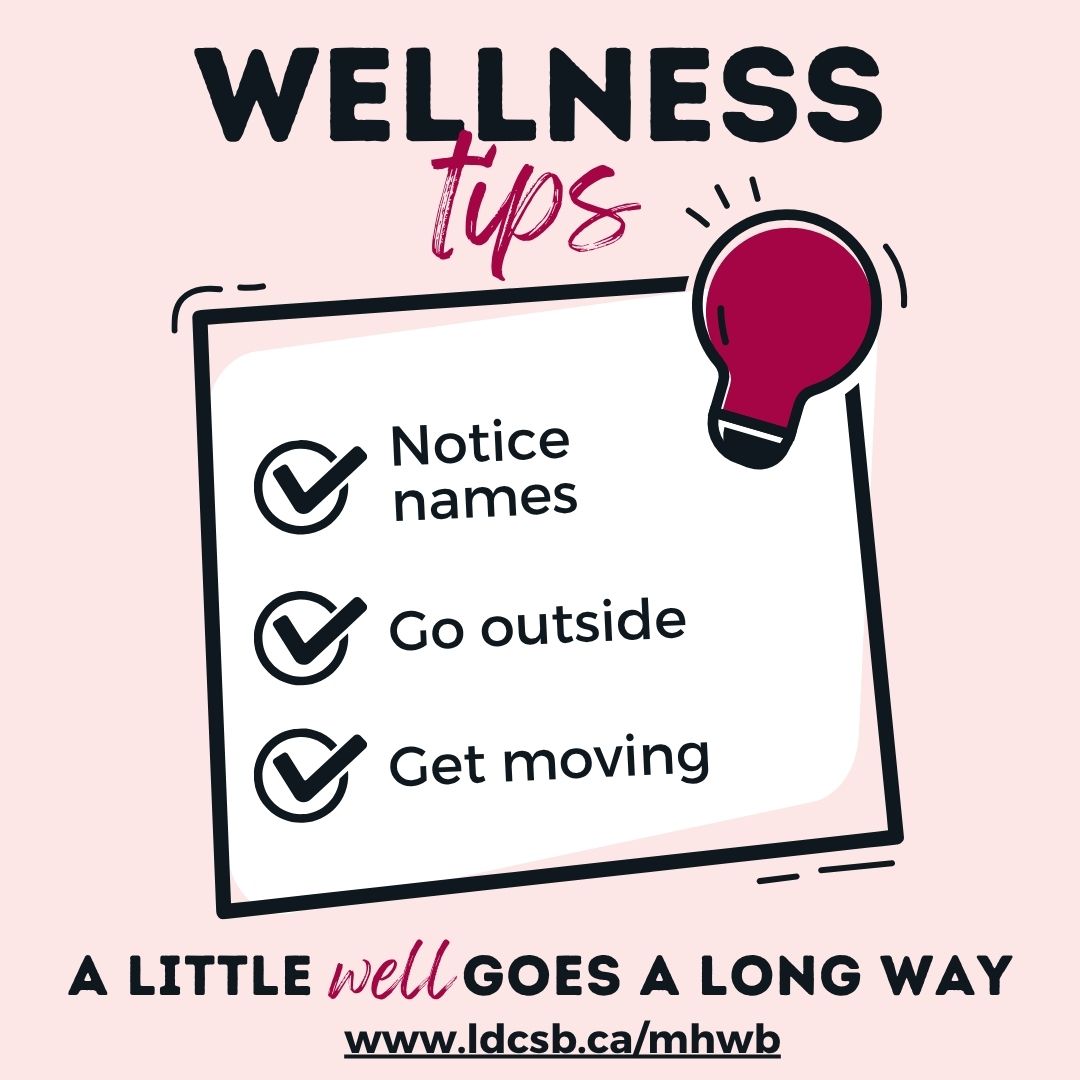 LDCSB's tweet photo. A little WELL goes a long way. Try these simple wellness tips: notice names, go outside, and get moving. Find more ideas to use in your daily life at https://t.co/zGbCN6Gp7s > Wellness Tips #WeAreLDCSB #WellnessTips #IgniteTheSpirit #Family https://t.co/hUPl4dskal
