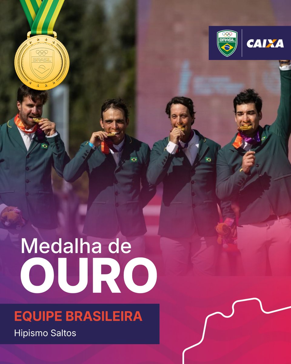 timebrasil's tweet photo. SÃO ELES! 🥇

A equipe de Hipismo Saltos, formada por José Roberto Reynoso, Gabriel de Queiroz, José Luiz Guimarães e Stephan de Freitas, conquistou a medalha de ouro com o resultado de 17.74! 🇧🇷

Parabéns! 💛💚

📸: Jonne Roriz/COB

#TimeBrasilEmSantaFé #Hipismo #Caixa https://t.co/t0PClH3lul