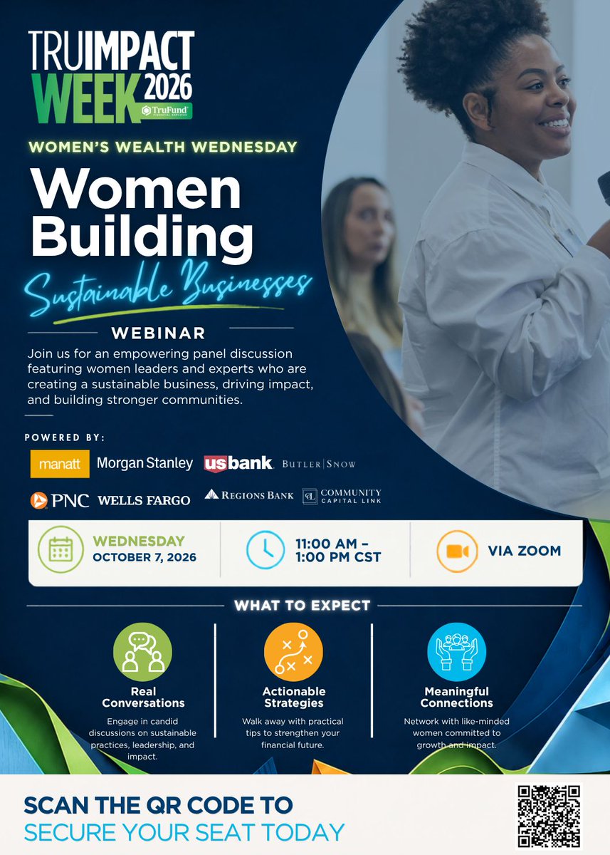 TruFundFinServ's tweet photo. Join us for Women’s Wealth Wednesday: Women Building Sustainable Businesses, a virtual TruImpact Week panel on wealth, leadership, and growth.
Oct. 7 | 11 a.m.–1 p.m. CT | Zoom
Register: https://t.co/GCAtVvmxzg
#TruImpactWeek #TruFund https://t.co/VHWjbr34c5