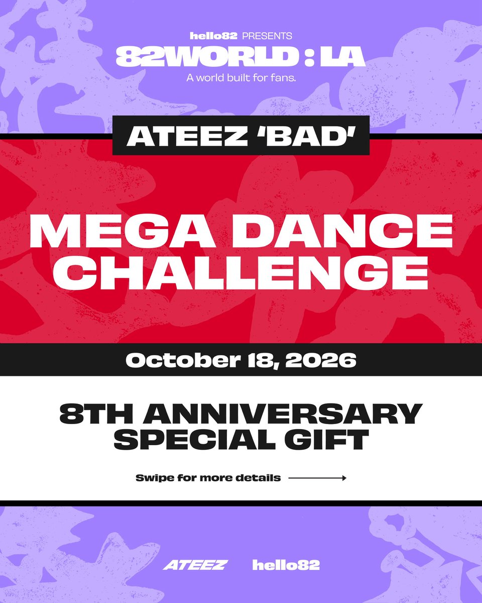 hello82PRESENTS's tweet photo. SURPRISE, ATINY 🎉
This one's for you! Come celebrate their 8th Anniversary by dancing together at 82WORLD : LA!

ENTER NOW ⬇️
🔗 https://t.co/VlwJUEFIDD

*A valid 82WORLD : LA festival ticket for Sunday, October 18 is required to participate. Your ticket will be verified at the event, so please have your original ticket available.
*You must be 18 years or older on the day of the event to participate.
*Only one entry per person will be considered.
*Event details are subject to change.

🎟️ TICKETS AVAILABLE NOW!
🔗 https://t.co/vpSH6dpnlK

🗓️ October 17-18, 2026
📍 LA State Historic Park

@ATEEZofficial 
#ATEEZ #82WORLD #82WORLDLA #hello82PRESENTS #hello82