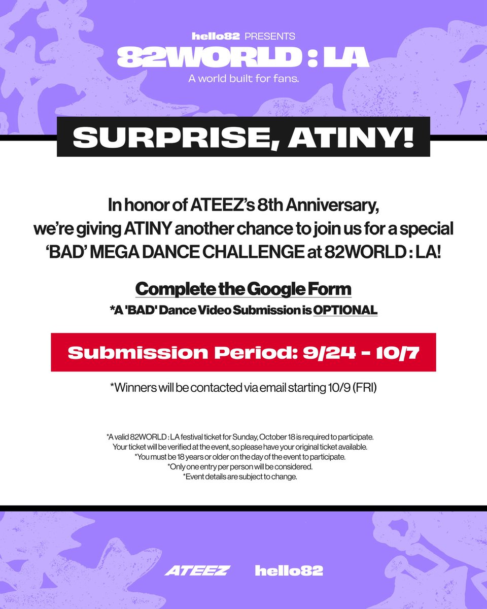 hello82PRESENTS's tweet photo. SURPRISE, ATINY 🎉
This one's for you! Come celebrate their 8th Anniversary by dancing together at 82WORLD : LA!

ENTER NOW ⬇️
🔗 https://t.co/VlwJUEFIDD

*A valid 82WORLD : LA festival ticket for Sunday, October 18 is required to participate. Your ticket will be verified at the event, so please have your original ticket available.
*You must be 18 years or older on the day of the event to participate.
*Only one entry per person will be considered.
*Event details are subject to change.

🎟️ TICKETS AVAILABLE NOW!
🔗 https://t.co/vpSH6dpnlK

🗓️ October 17-18, 2026
📍 LA State Historic Park

@ATEEZofficial 
#ATEEZ #82WORLD #82WORLDLA #hello82PRESENTS #hello82