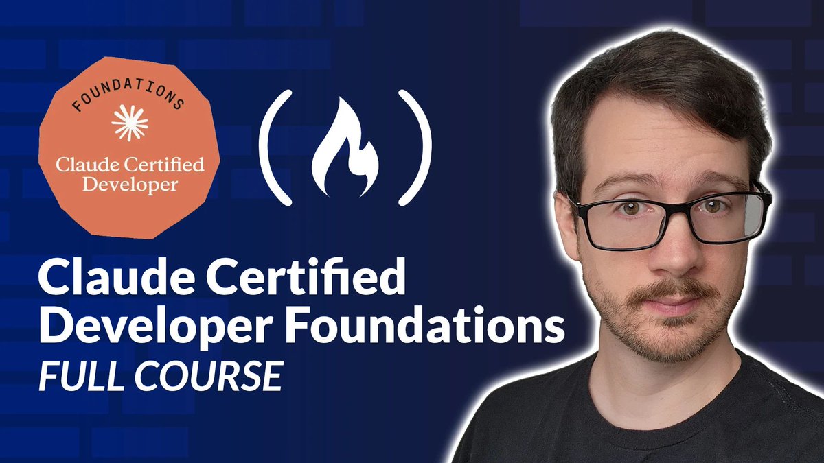 freeCodeCamp's tweet photo. Being able to demonstrate that you can build production-ready AI agents is super useful these days.

In this 8-hour course, Andrew helps you prepare for the Claude Certified Developer Foundations cert.

You'll learn about agentic workflows, Claude APIs and SDKs, MCP, tool use, context engineering, and more.

https://t.co/CUMXed74eo
