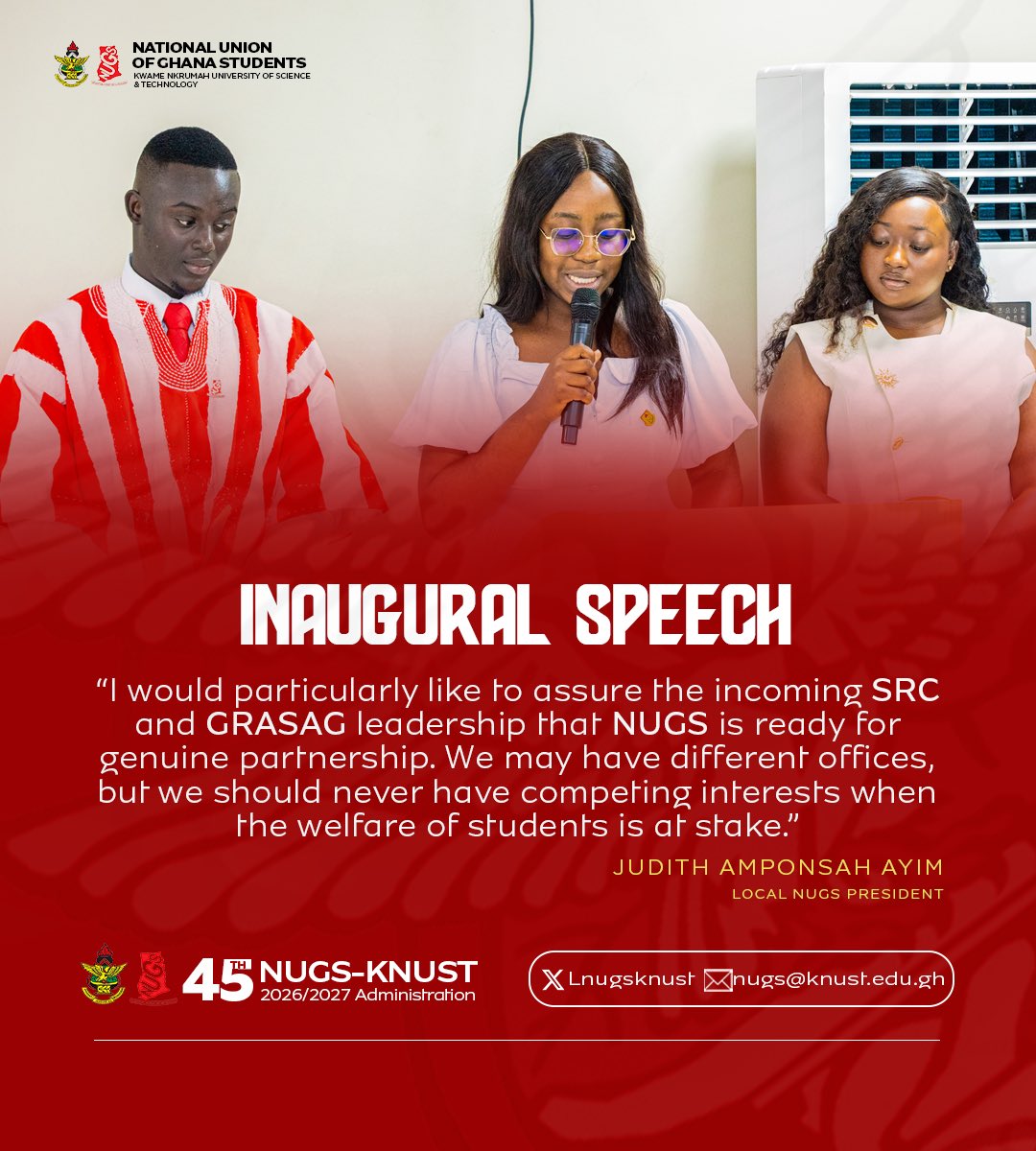 Missayim's tweet photo. Excerpts from the Inaugural Speech 🎤 

#45THNUGSKNUSTADMINISTRATION
#AlutaContinuaVictoriaAscerta https://t.co/kaKPRPHVu4