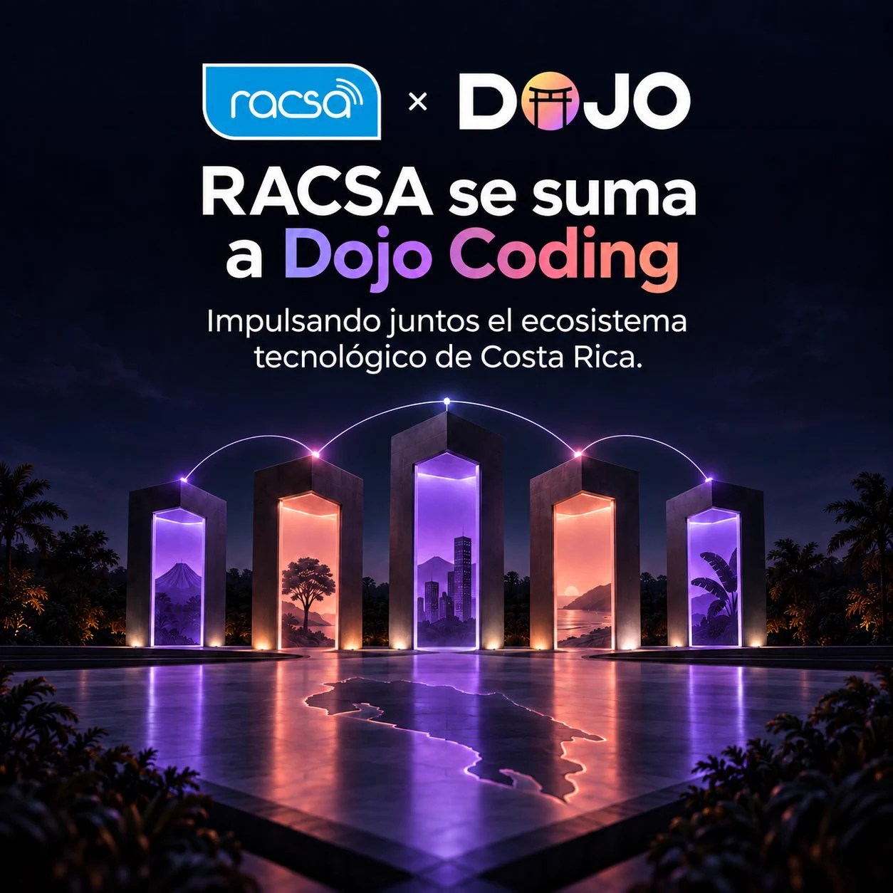 Anuncio institucional de RACSA y Dojo Coding: impulsando juntos el ecosistema tecnológico de Costa Rica.