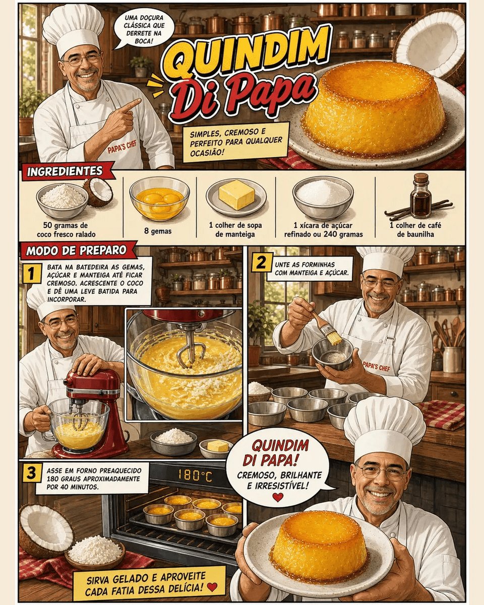 PapasChefBR's tweet photo. 🥥💛 Quindim: a doçura clássica que derrete na boca — gemas, coco fresco, açúcar e manteiga, assados até aquele topo brilhante e a base cremosa de coco. Simples, cremoso e perfeito pra qualquer ocasião. 😍

📍 Receita completa no Instagram @papas_chef
#quindim #coco #papaschef https://t.co/GSW20OvlEO