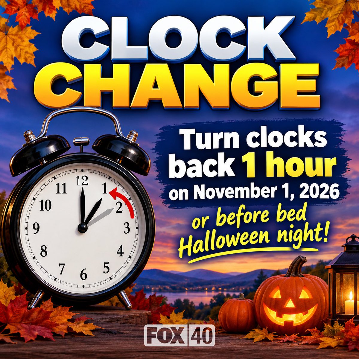 mark_tarello's tweet photo. CLOCK CHANGE: This year we’ll turn the clocks back 1 hour on Sunday, November 1st at 2:00 AM or before bed on Halloween night! https://t.co/hseDhiTqzl