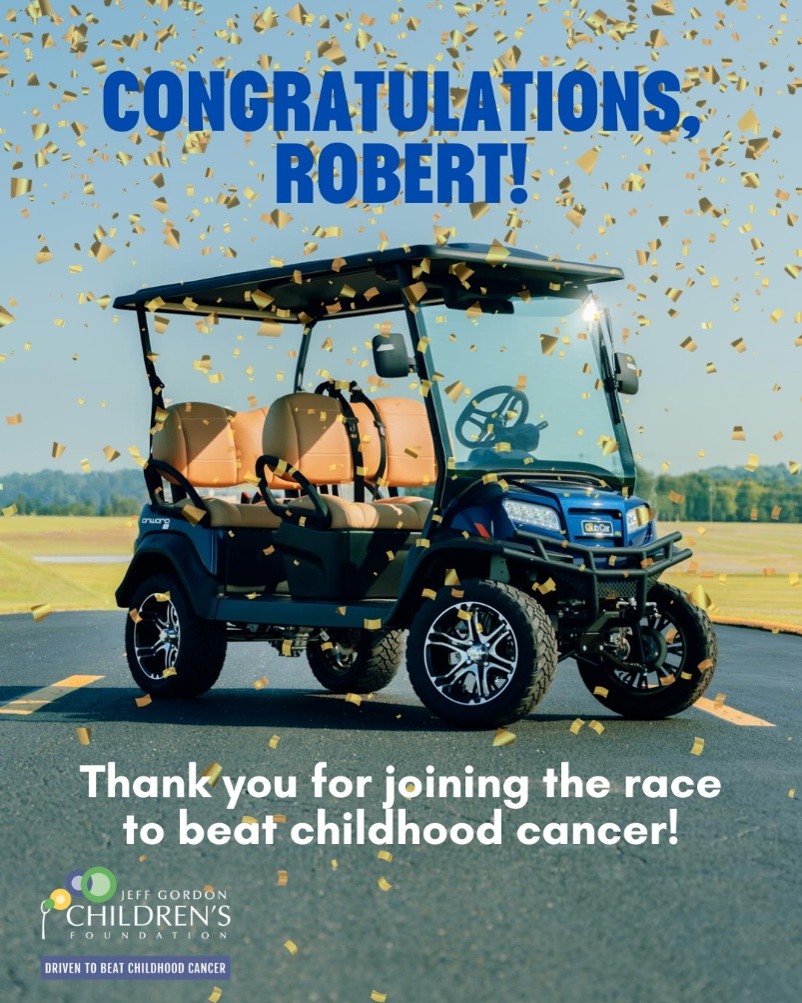 JeffGordon4Cure's tweet photo. The CART FOR A CURE cart has a new home 🏡 Congrats to Robert A. of Greenfield, WI, winner of the Metallic Blue Onyx Club Car Onward 4 Forward LSV! And to everyone who helped raise $410,426.33 for kids fighting cancer: THANK YOU. 💙#JGCF https://t.co/tAPS2MEpTN