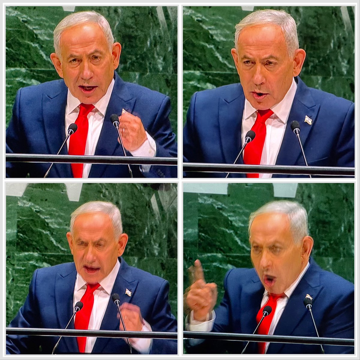 CraigMokhiber's tweet photo. The head of the genocidal Israeli apartheid regime, a fugitive indicted for crimes against humanity, was allowed to enter the US and to address the UNGA today, without arrest. 

As he stood at the podium, he (again) faced a mass walkout of principled delegations from across the world. As usual, the regime brought in a large number of Zionist seat warmers to occupy empty seats in the gallery and on the floor, applaud, cheer, and call out fascist chants in support of the regime and its notorious leader. 

Netanyahu insulted delegations, openly celebrated the regime’s many crimes, bragged about its terrorist pager attacks on Lebanon, repeated the regime’s debunked genocide propaganda, defended the illegal occupation of Palestine and Syria, lied incessantly, called violent, racist, illegal Zionist settlers “peaceful” and “honorable people,”  labeled human rights defenders as “antisemites,” even arrogantly attacked American citizens and officials for speaking out against the regime’s crimes. 

This violent psychopath cannot hide behind Trump’s skirts forever. He (and his collaborators) must be captured and brought to justice. 

And the UN must finally act to isolate the regime and hold it accountable.