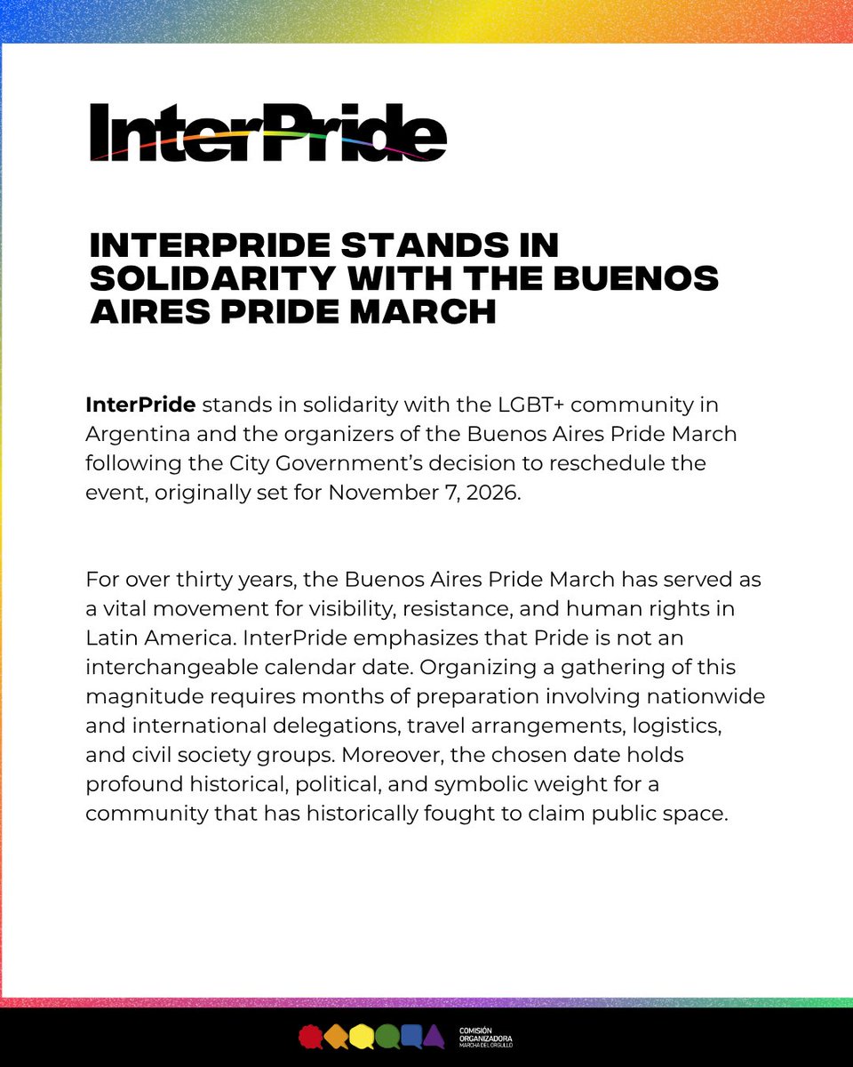 MarchaOrgulloAR's tweet photo. El Orgullo no es una fecha del calendario intercambiable. Ante la decisión de intentar aplazar la Marcha del Orgullo en Buenos Aires, InterPride alza la voz: exigimos diálogo, respeto a nuestra historia y garantías logísticas.  
¡El Orgullo no se mueve! 🏳️‍🌈✨ @InterPride https://t.co/3C8k2cvggE