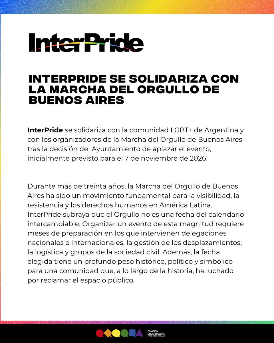 MarchaOrgulloAR's tweet photo. El Orgullo no es una fecha del calendario intercambiable. Ante la decisión de intentar aplazar la Marcha del Orgullo en Buenos Aires, InterPride alza la voz: exigimos diálogo, respeto a nuestra historia y garantías logísticas.  
¡El Orgullo no se mueve! 🏳️‍🌈✨ @InterPride https://t.co/3C8k2cvggE