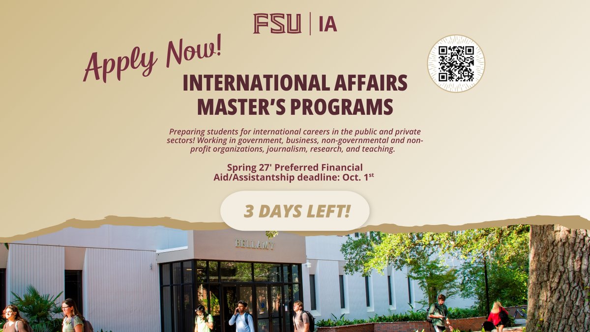 FSUintlaffairs's tweet photo. ⏰ Only 3 DAYS LEFT!

Apply by Oct 1st for FSU's International Affairs Master's Programs to meet the Preferred Financial Aid/Assistantship deadline for Spring '27. 

Prepare for global careers in government, business, journalism &amp; more!   

Apply now: https://t.co/OGhJJ2Dgyf https://t.co/332gSgfhlE