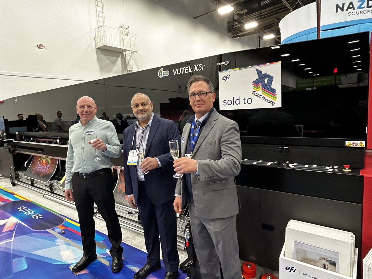 EFIPrint's tweet photo. 🎉 Congratulations to XL Digital on their investment in both a #EFIVUTEk M3h X printer and VUTEk X5r printer. We're excited to support their continued growth with high-volume, versatile digital printing technology designed to help expand capabilities &amp; drive new opportunities. https://t.co/H5gNkq6CZq