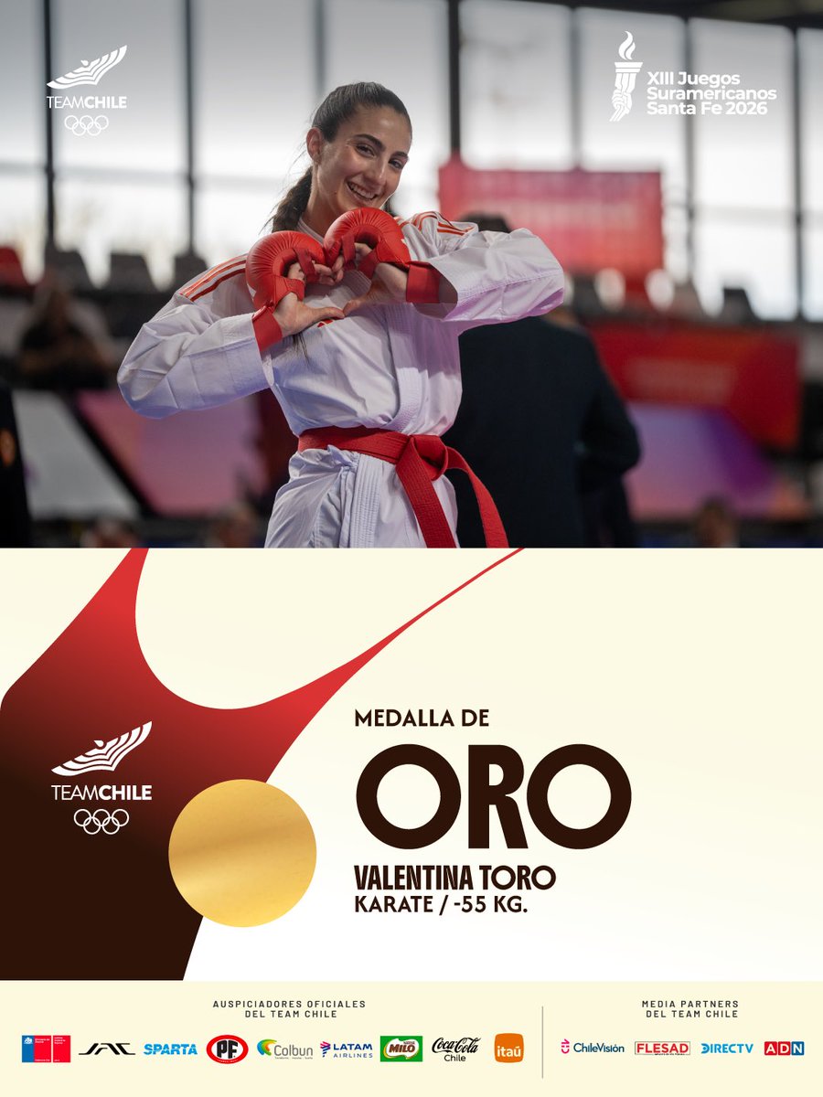 TeamChile_COCH's tweet photo. ¡LA REINA DEL TATAMI! 👸🏻🥇🫶🏻

 La karateca Valentina Toro 🇨🇱 (categoría -55 kilos) logró el bicampeonato 🥇🥇 en Juegos Suramericanos, tras superar a Bárbara Pérez 🇻🇪 (1-0) y aportar el Nº 37 oro 🥇 para Chile en el megaevento.

Vale, que compitió en su primer torneo oficial en 9 meses 😧, demostró que su altísimo nivel 📈sigue INTACTO 😮‍💨👌.

En el Mundial del año pasado (noviembre), Valentina sufrió una rotura de ligamento cruzado anterior en su rodilla derecha 🤕🩼, pero volvió como una CRAAAACK ❤️.

#VamosTeamChile 🇨🇱