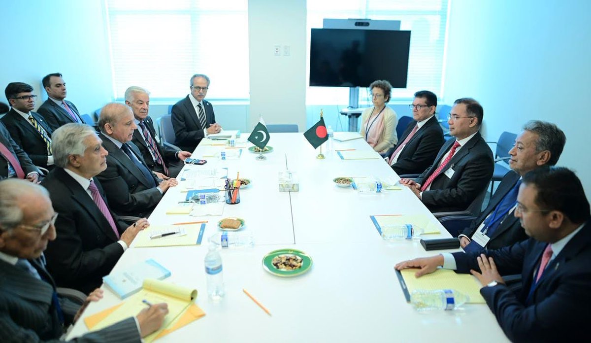 CMShehbaz's tweet photo. Had a warm and most cordial exchange with H.E. Mr Tarique Rahman, Prime Minister of Bangladesh, on the margins of UNGA in New York, this morning.

In our most useful discussion, Prime Minister Rehman and I agreed to further deepen Pakistan-Bangladesh bilateral cooperation in trade, investment, connectivity, education, tourism and people-to-people exchanges, while maintaining close coordination between our two countries on regional and global issues as well as at multilateral fora.

I also congratulated Mr. Khalil ur Rehman, Foreign Minister of Bangladesh, on assuming the Presidency of 81st UNGA and assured him of Pakistan's support in the successful conduct of the Assembly.