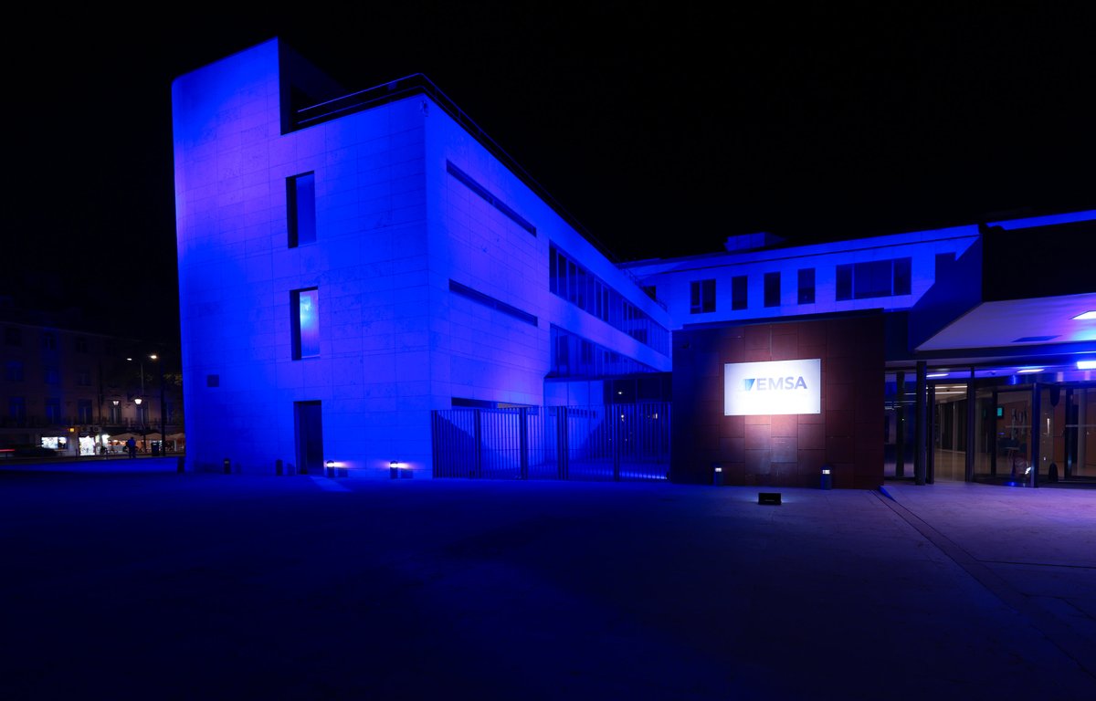 EMSA_EU's tweet photo. At EMSA, we join the international World Maritime Day celebrations by lighting up our premises in blue tonight💙 💙 💙
And in doing so, we honour all seafarers, who are the heart of maritime. 🚢🌊
@IMOHQ
#WorldMaritimeDay #MaritimePolicytoPractice https://t.co/tgQZksfCEN