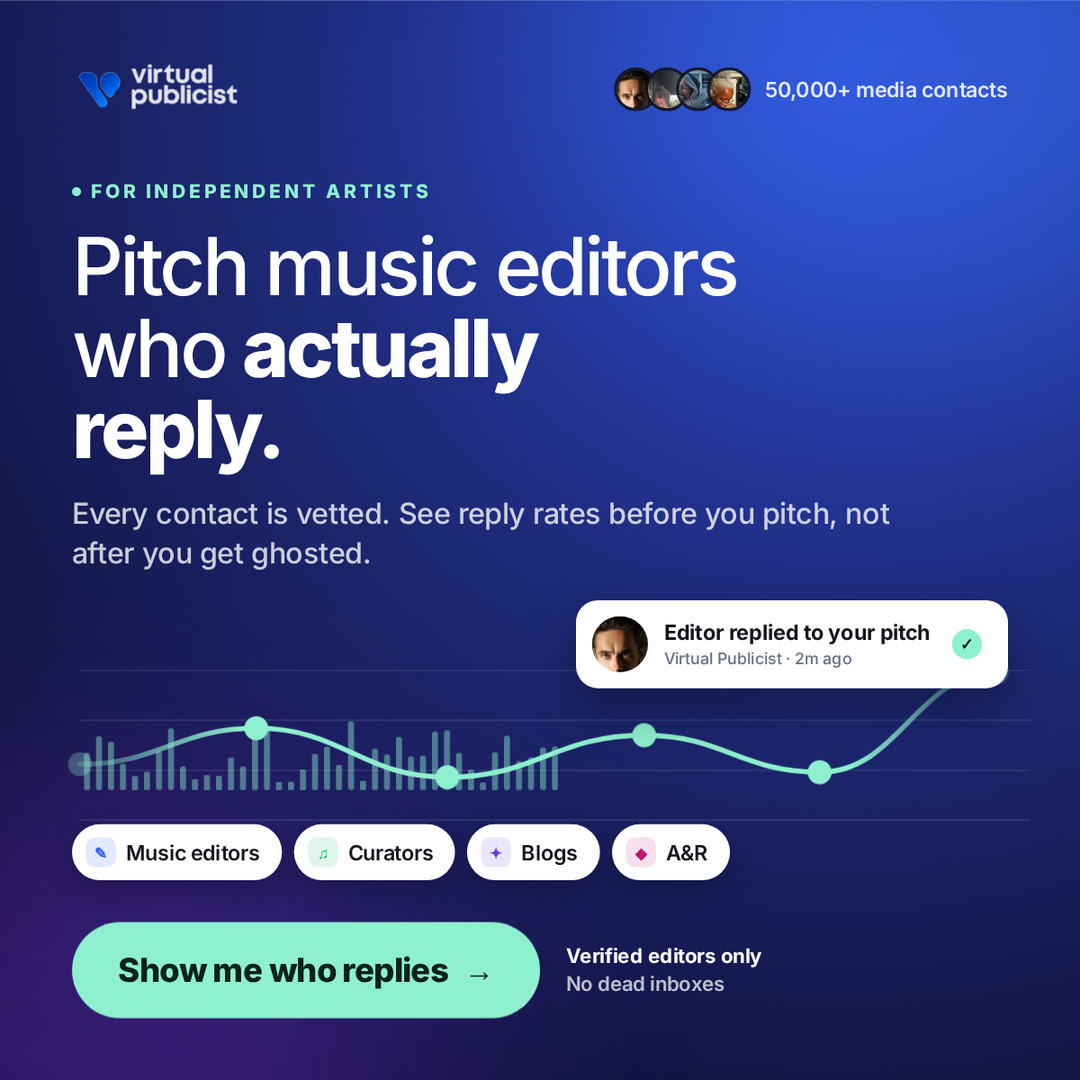aipublicist's tweet photo. Stop guessing who to contact.

Build your artist profile and discover the media, playlists, radio, creators, labels and opportunities that fit your music. Start free.