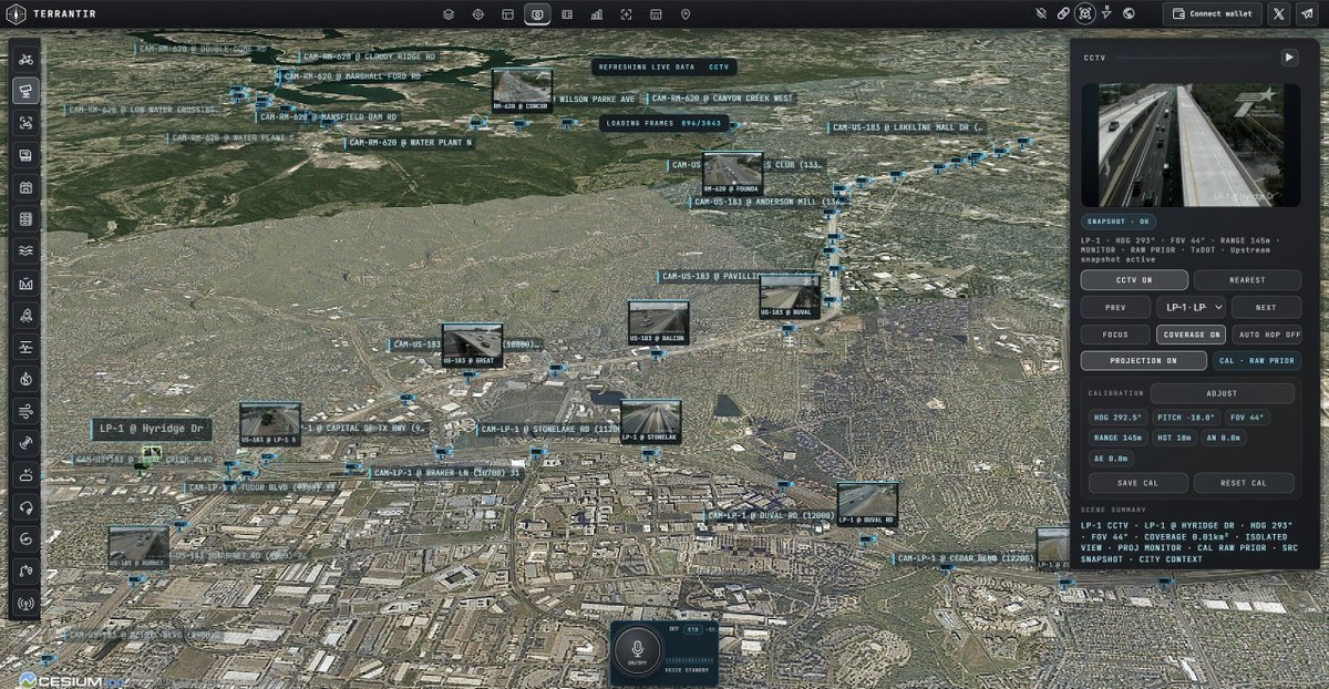 TERRANTIR_AI's tweet photo. DEGENS, WE’VE GOT EYES ON THE GROUND. 👁️🌍

TERRANTIR maps public CCTV snapshots onto 3D Earth.

Zoom in. Pick a camera. Explore the world behind the markets.

Street-level perspective. Global ambition.

The intelligence layer is taking shape. 🔥 https://t.co/K6XJ8EaoXS