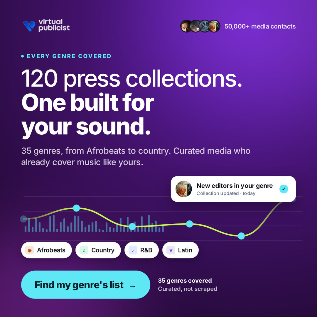 aipublicist's tweet photo. Stop guessing who to contact.

Build your artist profile and discover the media, playlists, radio, creators, labels and opportunities that fit your music. Start free.