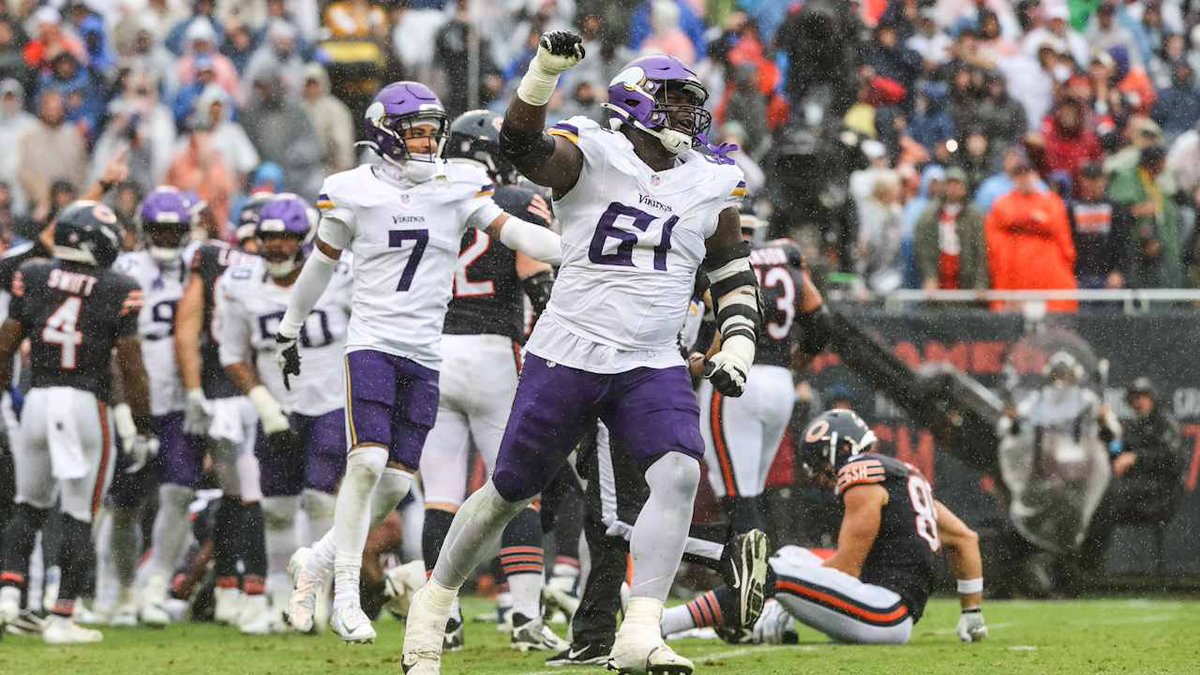 PolymarketBlitz's tweet photo. 🚨 NEW: The Vikings’ defensive line has officially given itself a nickname:

“Young Nasty University.”  

Minnesota currently leads the NFL in blitz rate while allowing just 3.8 yards per carry. https://t.co/lZMWtmZgBE