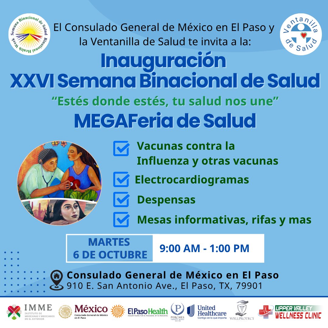 ConsulmexElPaso's tweet photo. Acompáñanos en esta mega jornada de salud con servicios gratuitos para toda la familia.

📅 Martes 6 de octubre | 9 a.m.–1 p.m.
📍 Consulado General de México en El Paso | 910 E. San Antonio Ave.
✨ ¡Entrada libre!

#SBS2026 #SaludParaTodos #ConsuladosContigoMX @IME_SRE https://t.co/mBFogm2rKr