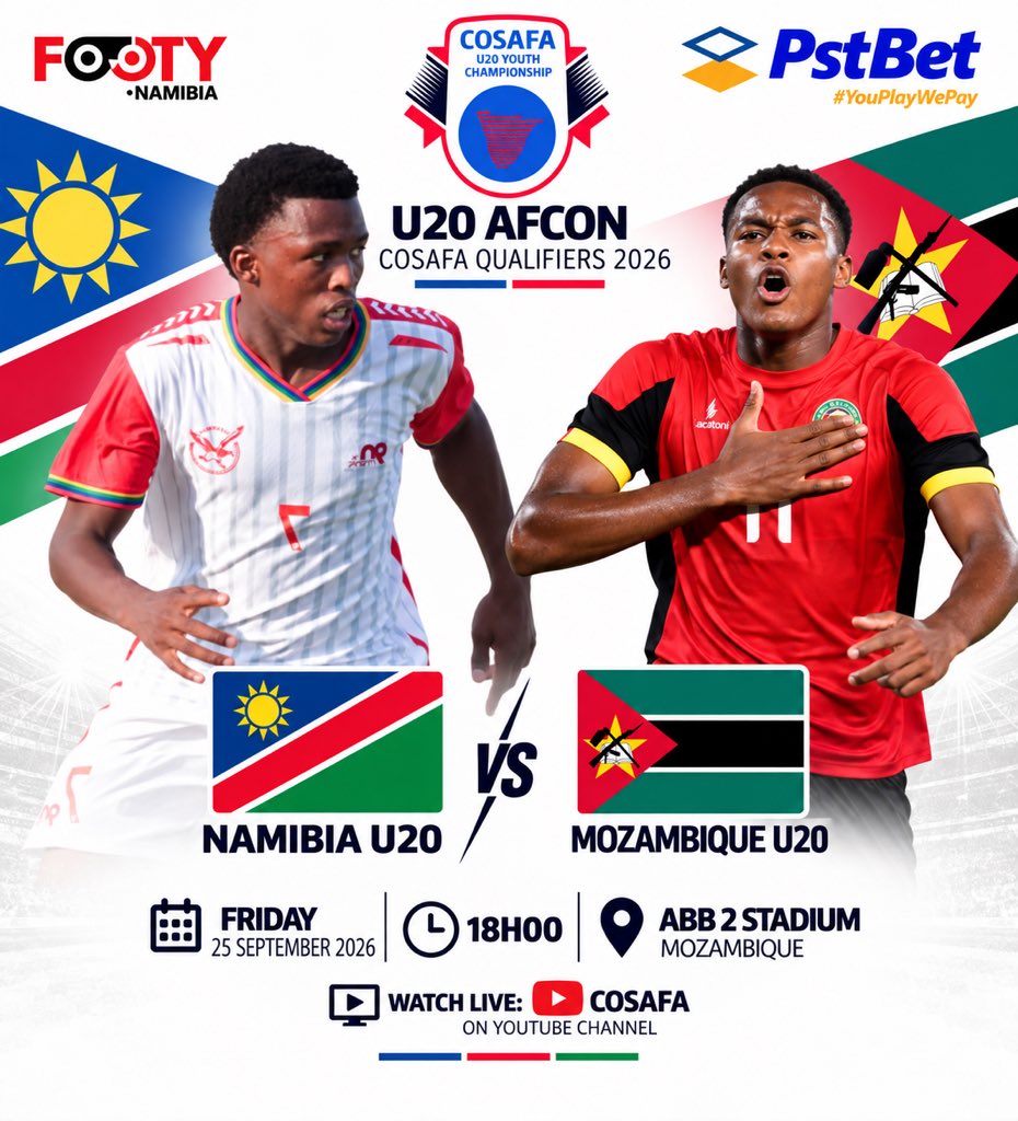FootyNamibia's tweet photo. π¨ππππ-π
ππππ ππππππππ π₯
π³π¦U20 Namibia π Mozambique U20 π²πΏ
β° 18h00
ποΈ ABB 2, Mozambique
πΊ Watch Live: COSAFA YouTube Channel
#NamibiaU20 #COSAFAU20 https://t.co/mTzBM9I1Ym