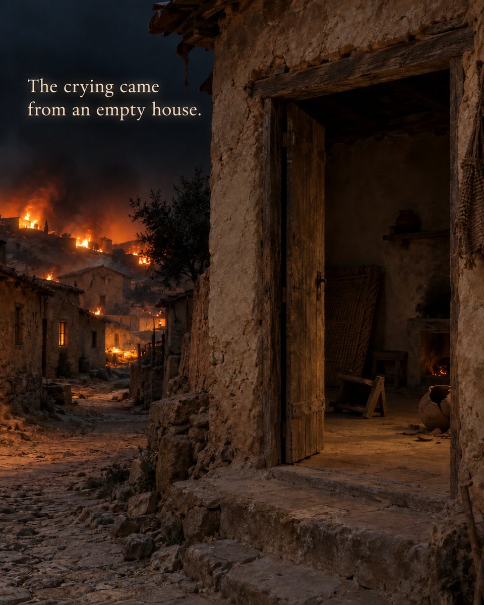 IvoOrven's tweet photo. Rome erased a village.
But that was not the end of it.
A baby was heard crying inside a burning house.
The soldiers opened the door.

The house was empty.

It Was Not the Same Silence
Volume I: When the Seams Come Undone https://t.co/x86XIKeYxo